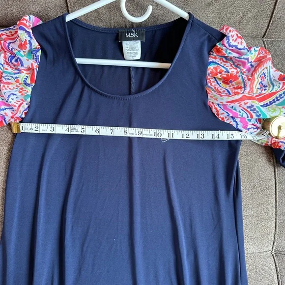 MSK Navy Dress with Floral Puff Sleeves Size S - Picture 7 of 8